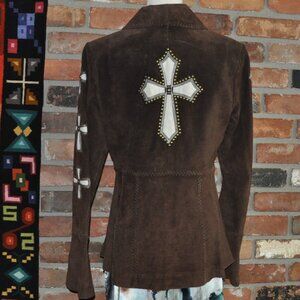 Vintage Brown & Tan Suede Leather Studded Cross Inlay Western Hippie Jacket M